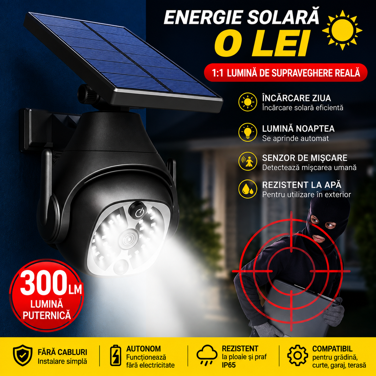 Lampă Solară cu Senzor de Mișcare 300LM