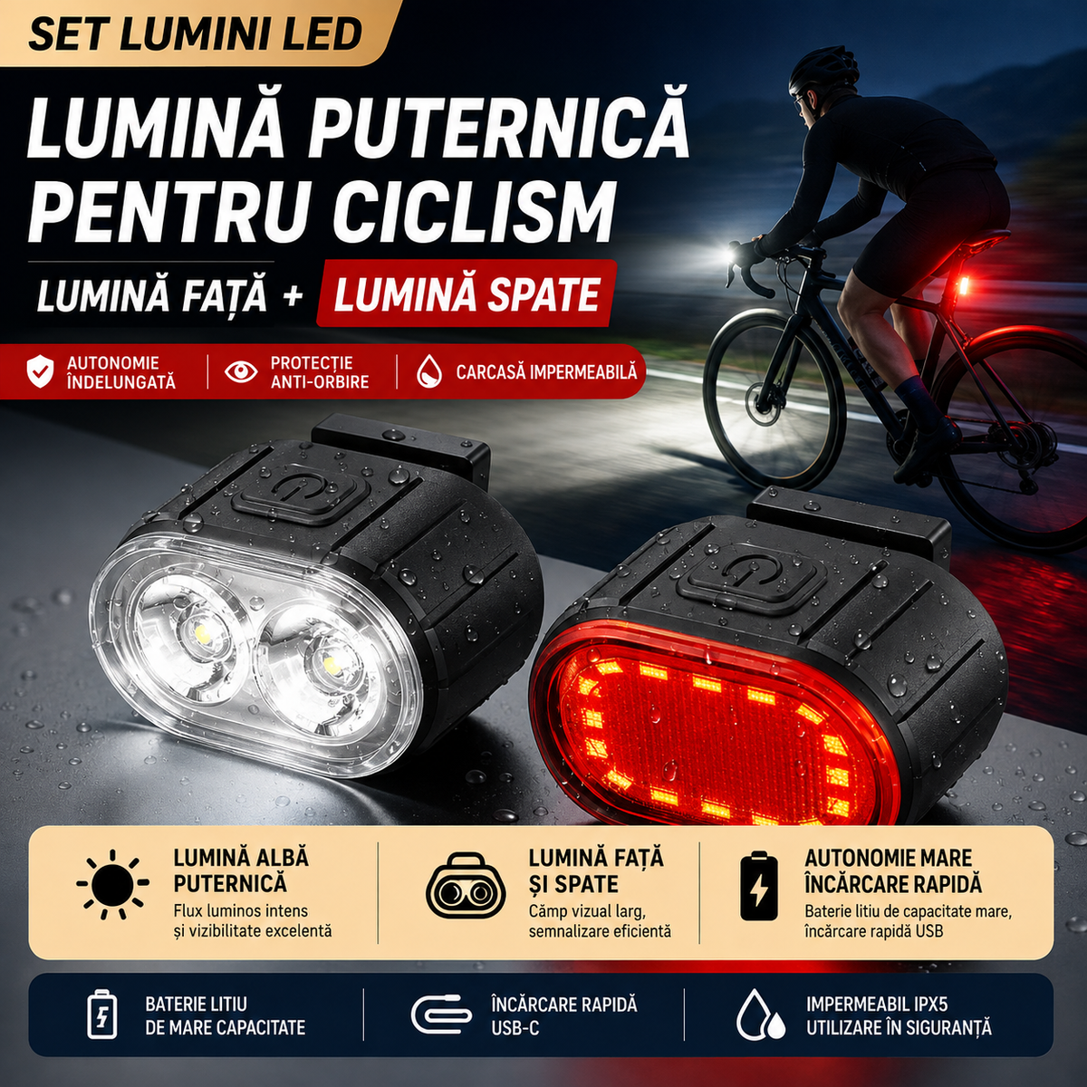 Set Lumini Bicicletă Față + Spate – LED Puternic, Rezistent la Apă
