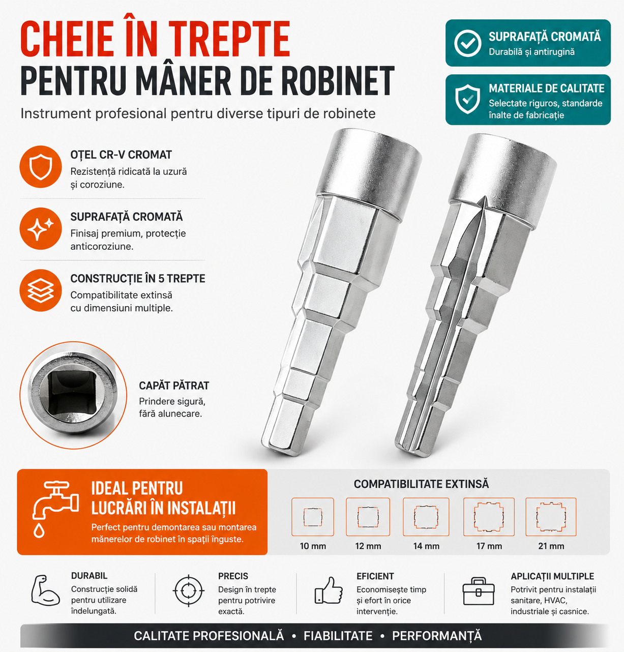 Cheie Specială pentru Robineți – Cap în Trepte 5-în-1
