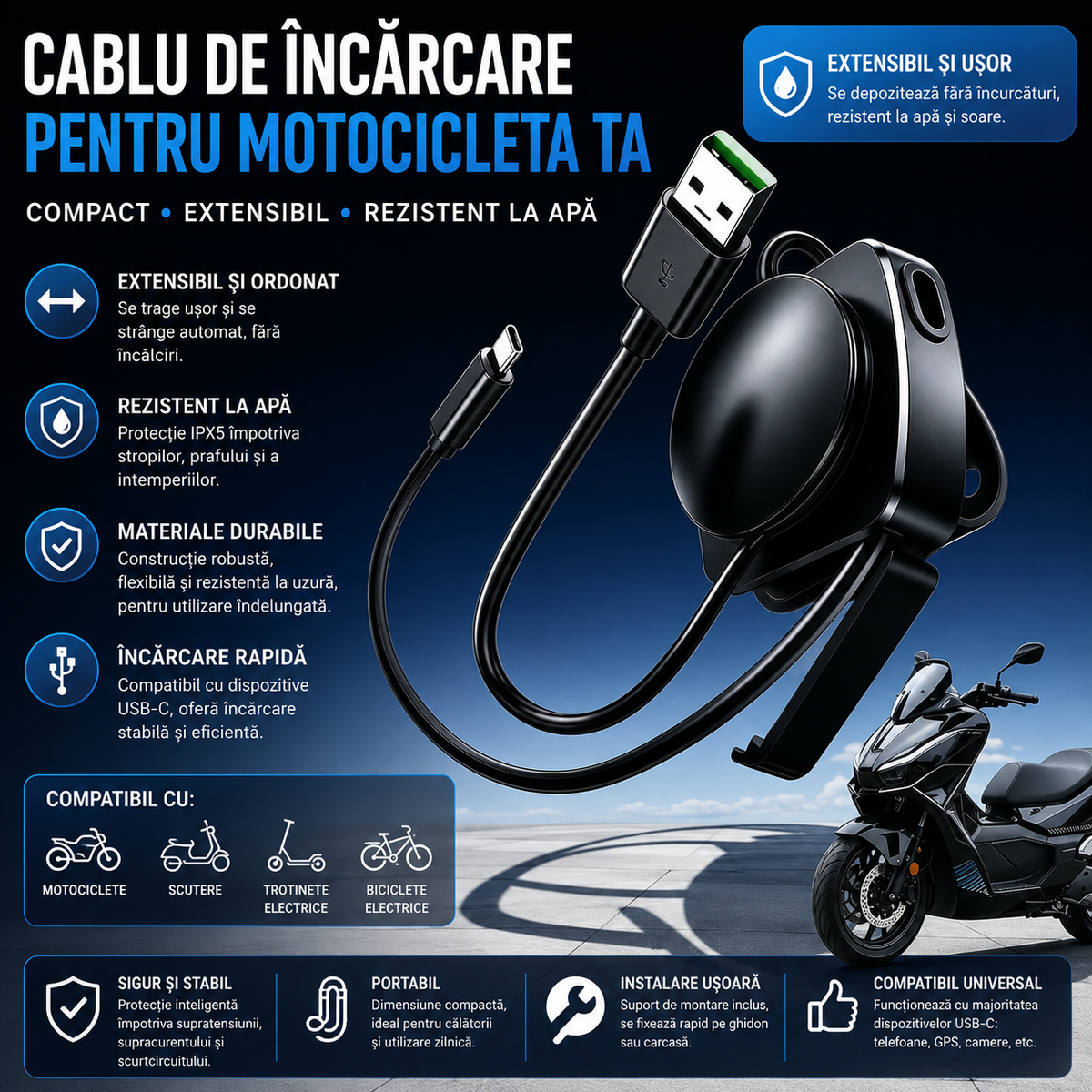 Cablu Retractabil USB pentru Motocicletă – Waterproof