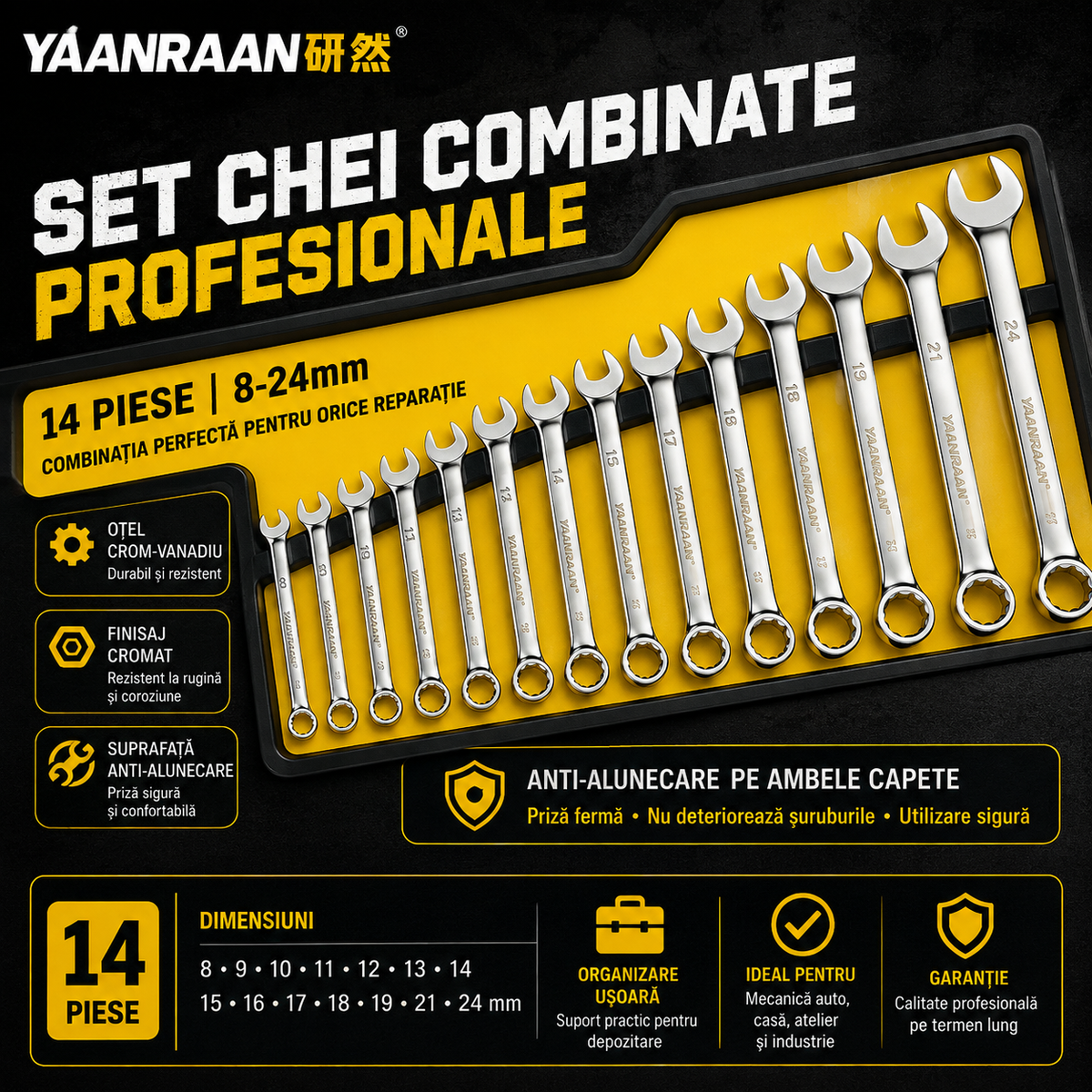 Set 14 Chei Combinate 8-24mm – Trusa Profesională de Scule