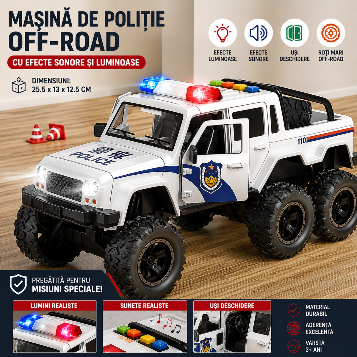 Mașinuță Jeep Poliție cu Lumini și Sunete – Ușițe Mobile