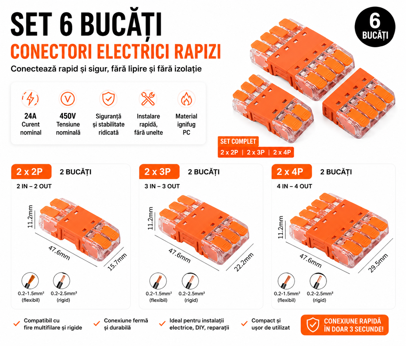 WireFast™ - Set 6 Conectori Electrici Rapizi pentru Instalatii Electrice