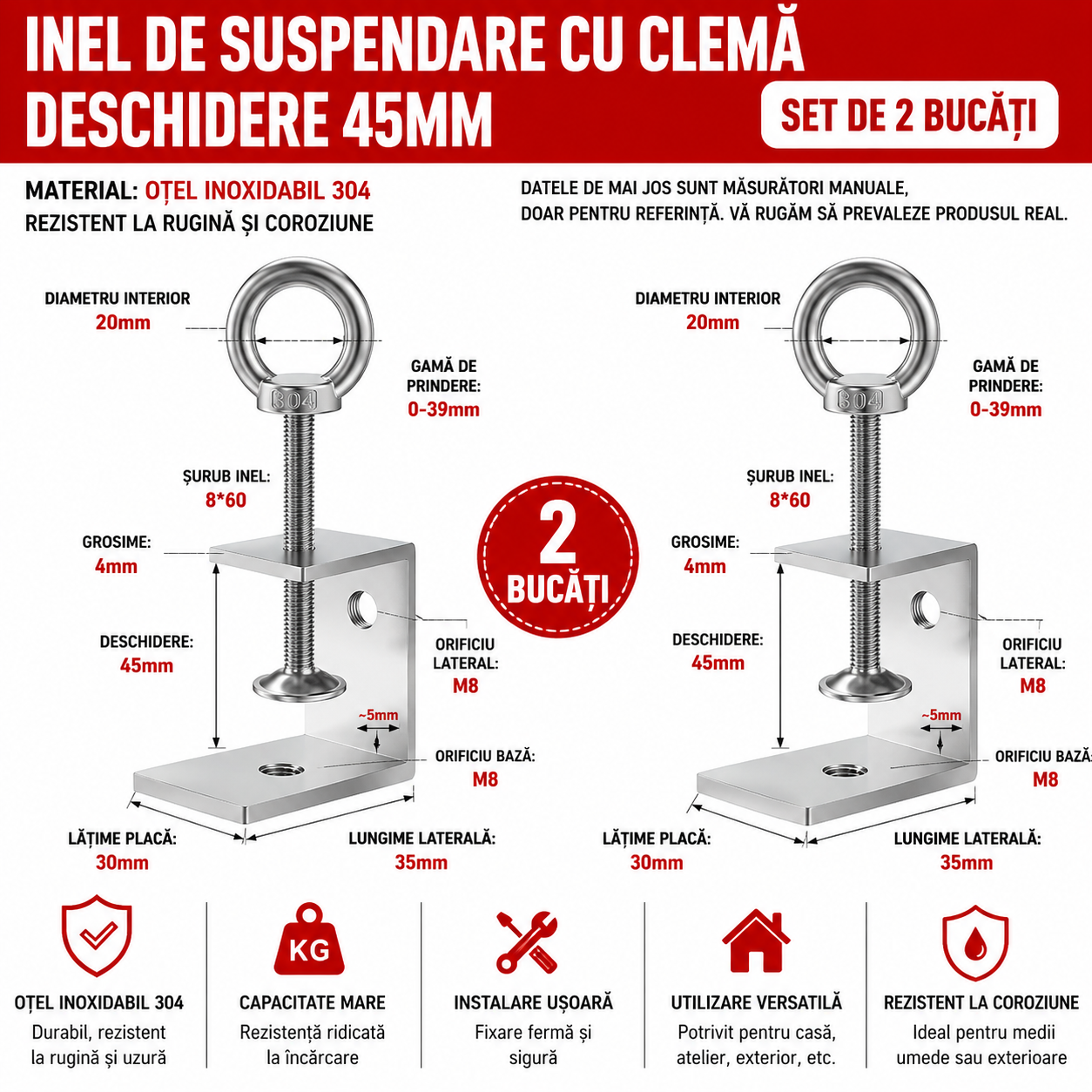 AnchorGrip™ – Set 2 Cleme Suspendare din Inox 304 cu Inel de Prindere
