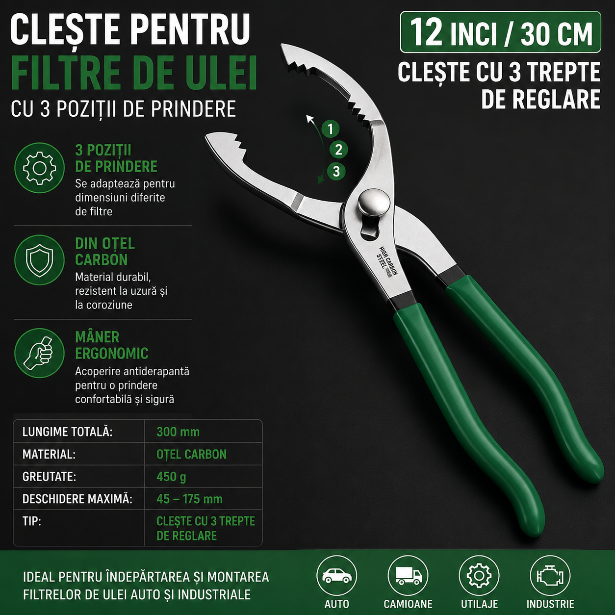 GripFilter Pro™ – Cleste Profesional pentru Filtre de Ulei 45–175 mm