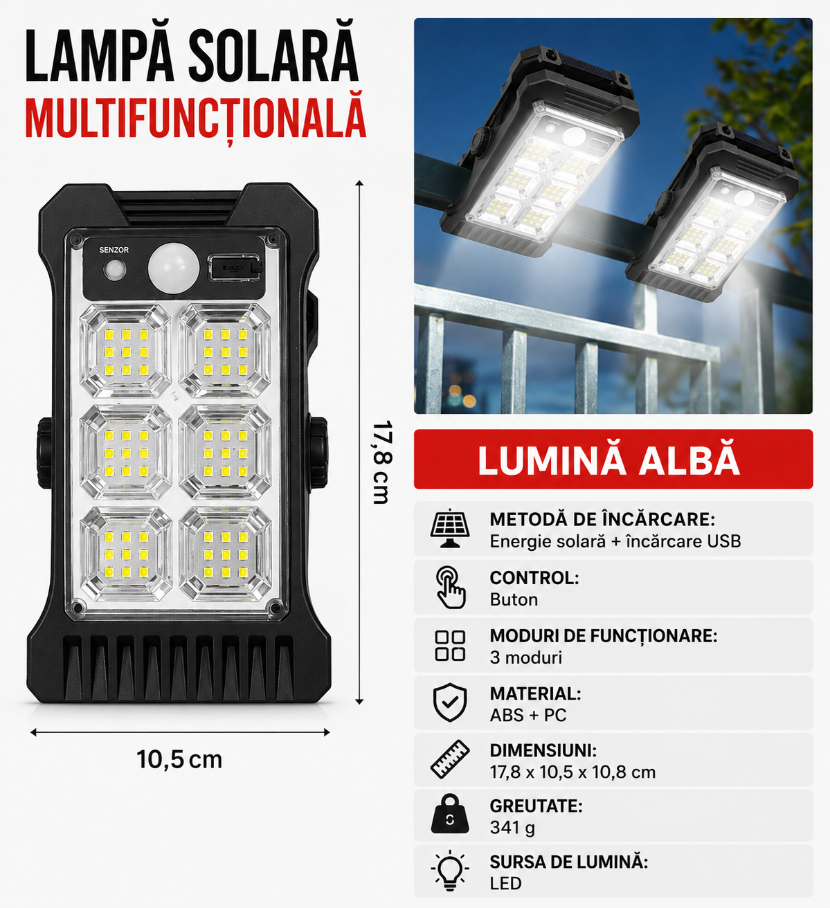 Lumetix™ – Lampa LED Solara cu Senzor de Miscare si USB