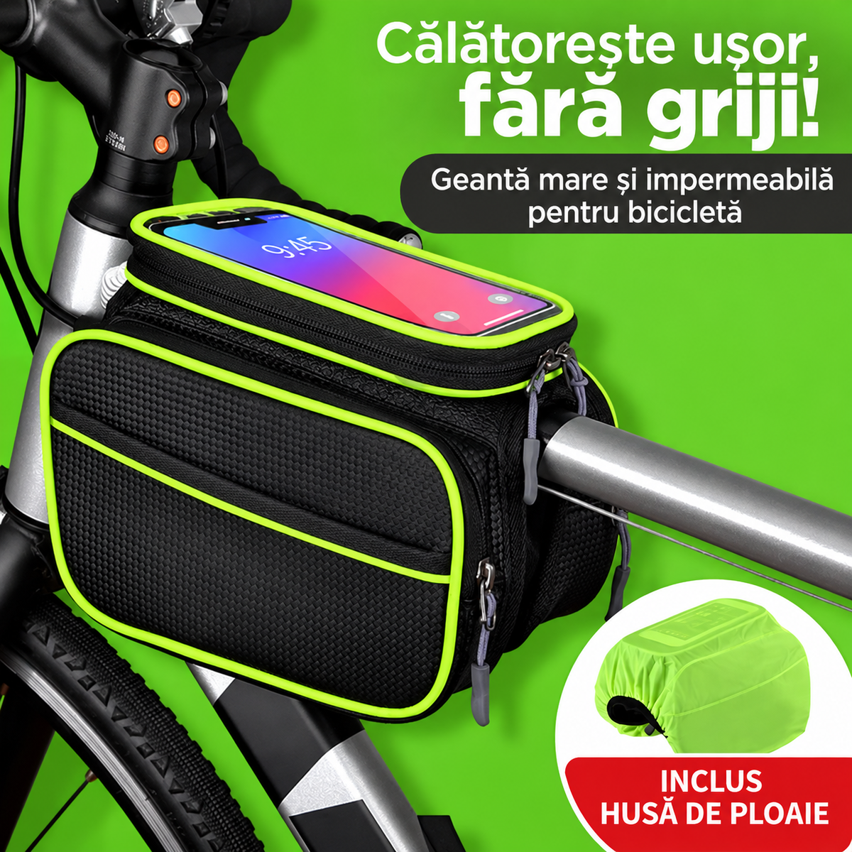 Geantă Bicicletă cu Suport Telefon și Husă Ploaie