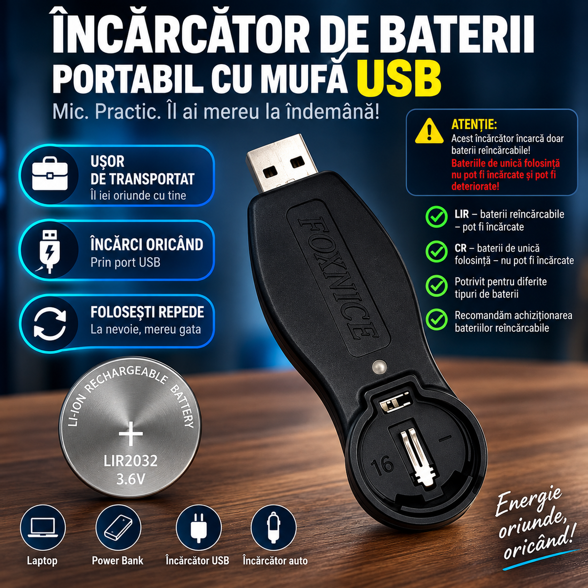 Încărcător USB Mini pentru Baterii Rotunde tip Nasture