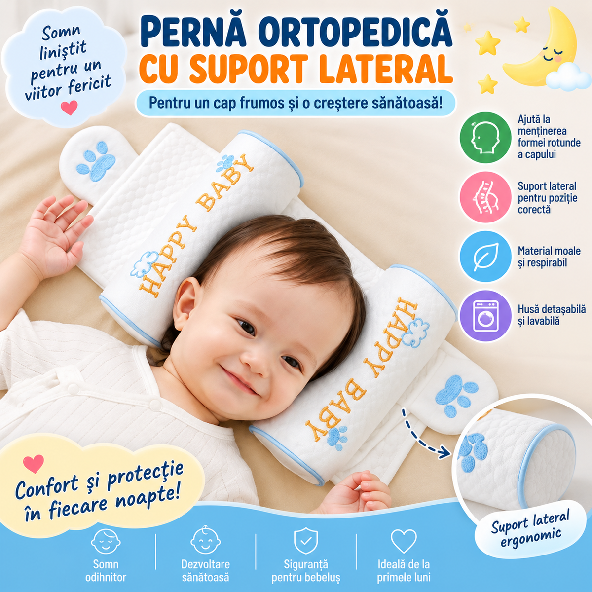 Pernă de Modelare pentru Bebeluși – Cap Rotund Perfect