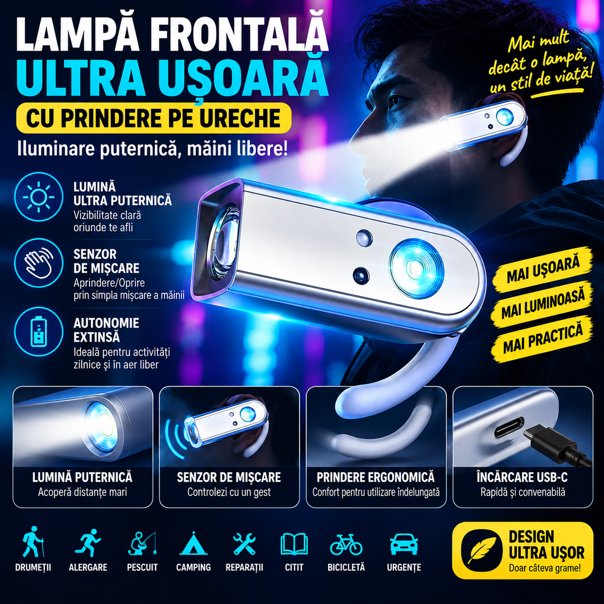 Lanternă Cap Ear-Hook – Mâini Libere, Lumină Puternică