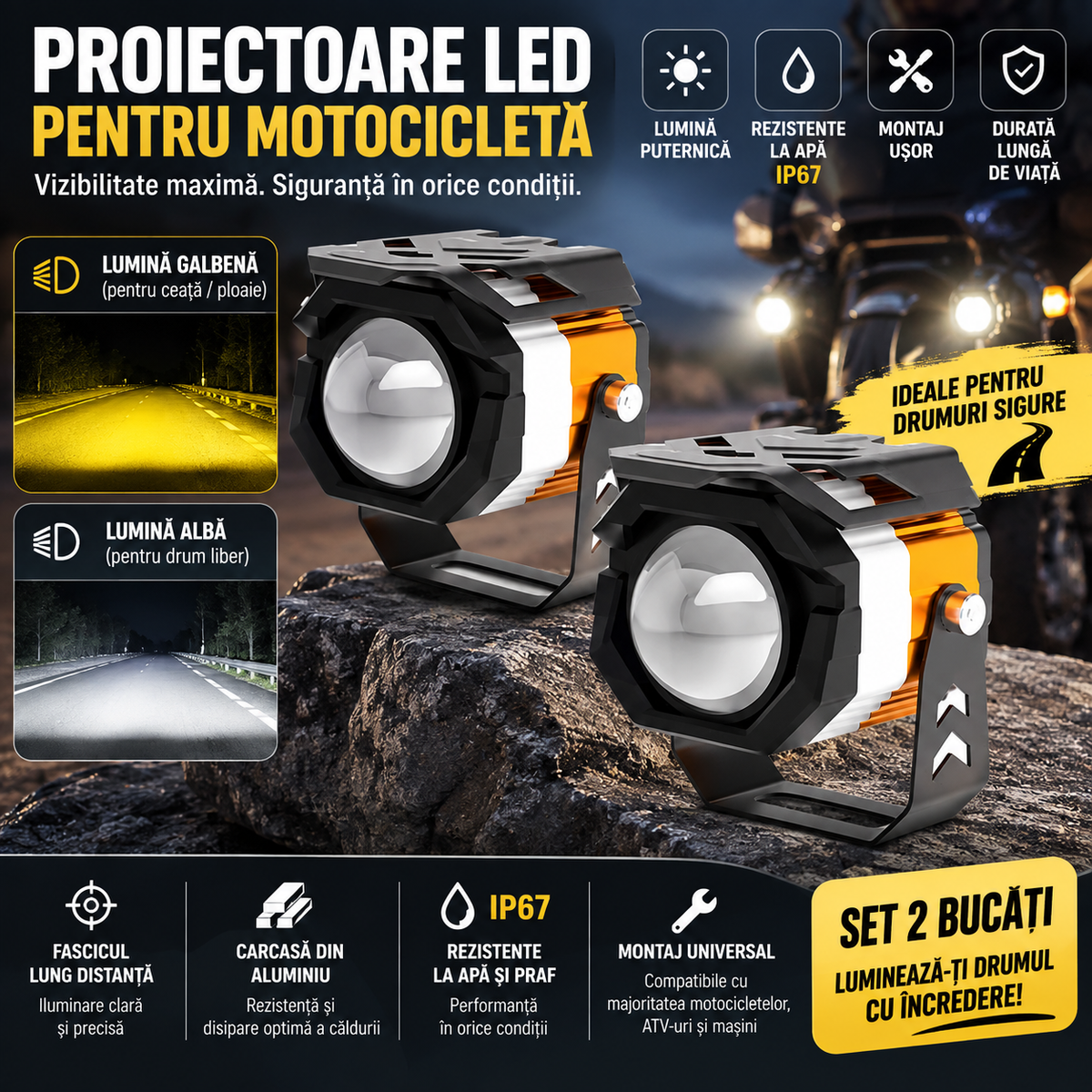 Far LED Moto Bi-Xenon – Lumină Albă & Galbenă