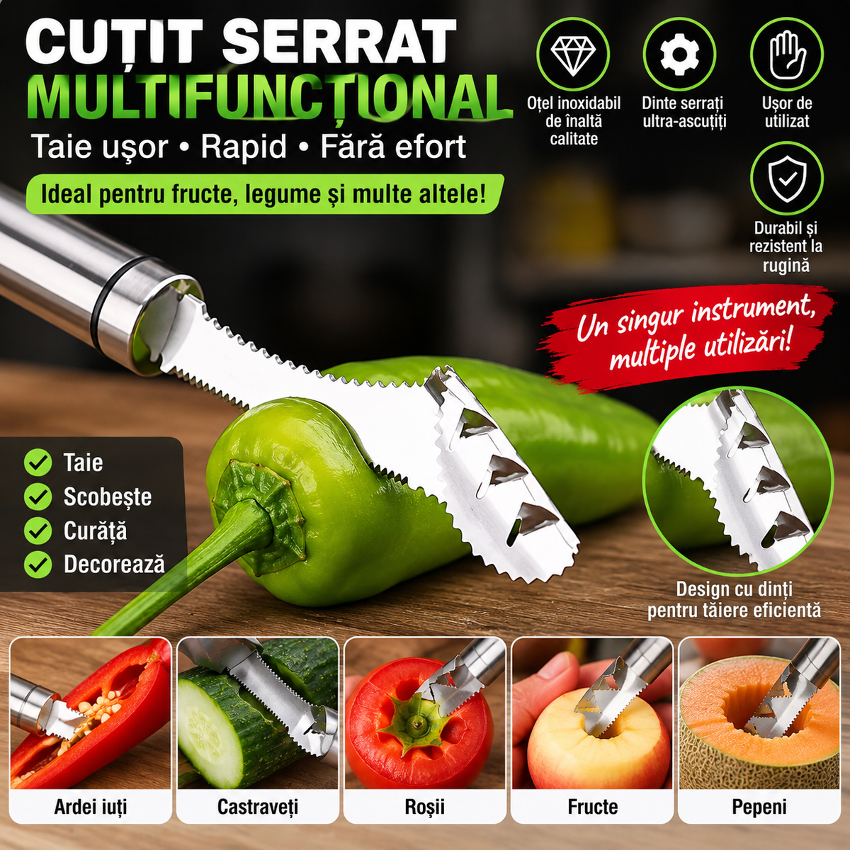 Cuțit special pentru ardei și legume – inox cu dinți