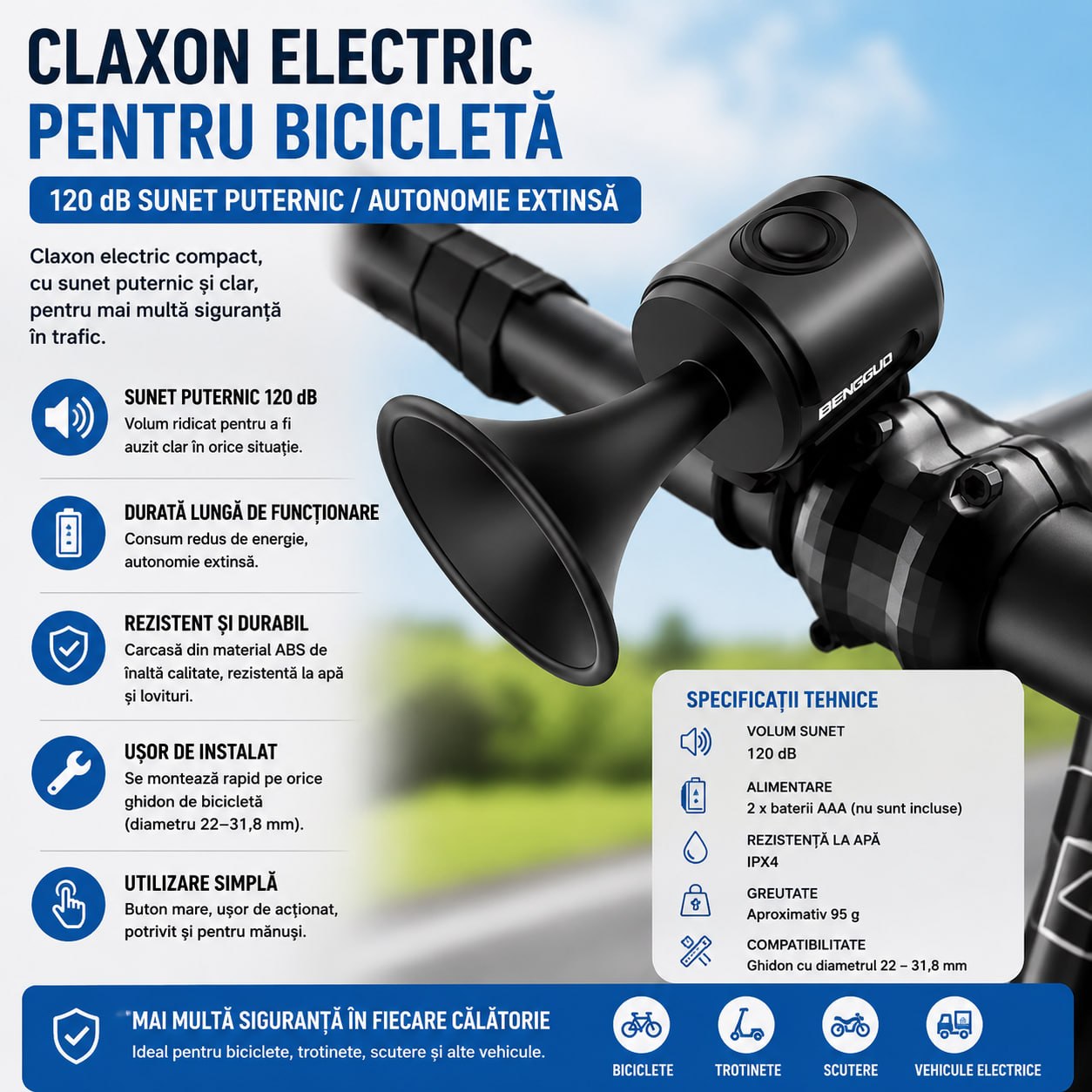 Claxon Electric pentru Bicicletă – 120 dB, Compact
