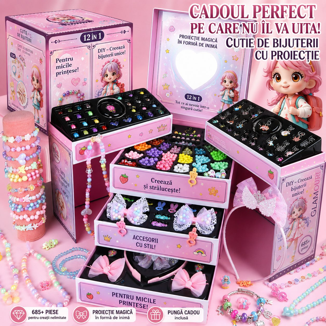 Cutie de Bijuterii cu Proiecție 12 în 1 – 685+ Piese