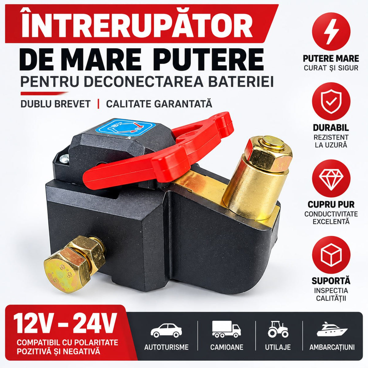 Întrerupător Baterie Auto 12V-24V – Deconectare Rapidă