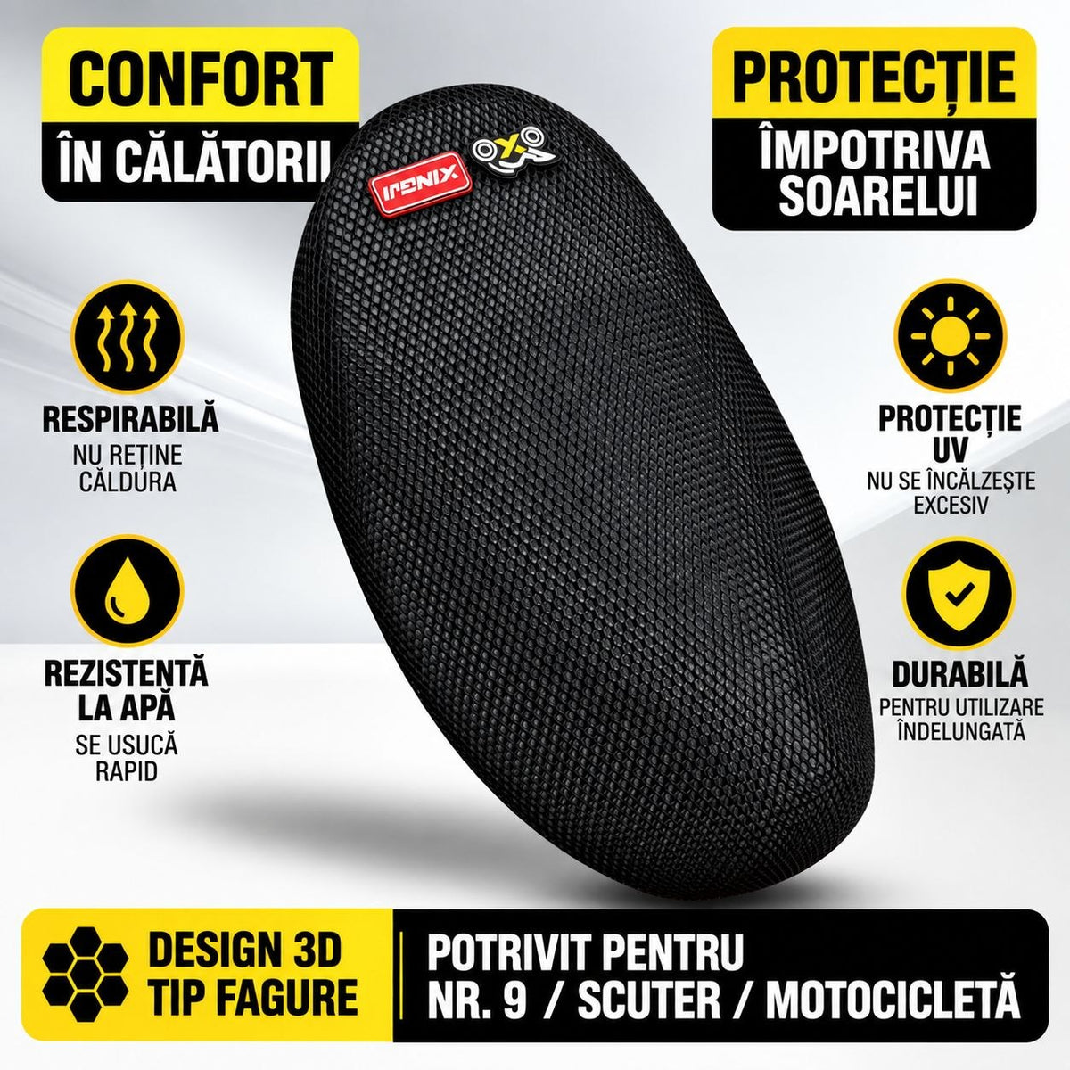 Husă scaun moto/scuter 3D fagure – confort și protecție UV