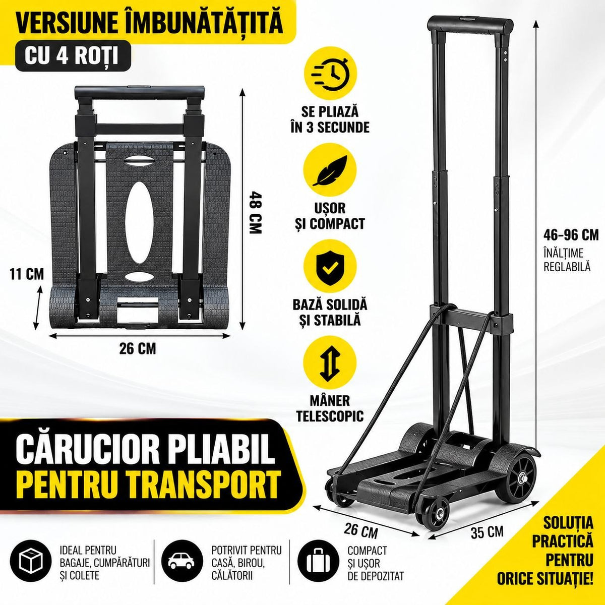Cărucior Pliabil de Transport cu 4 Roți – Telescopic