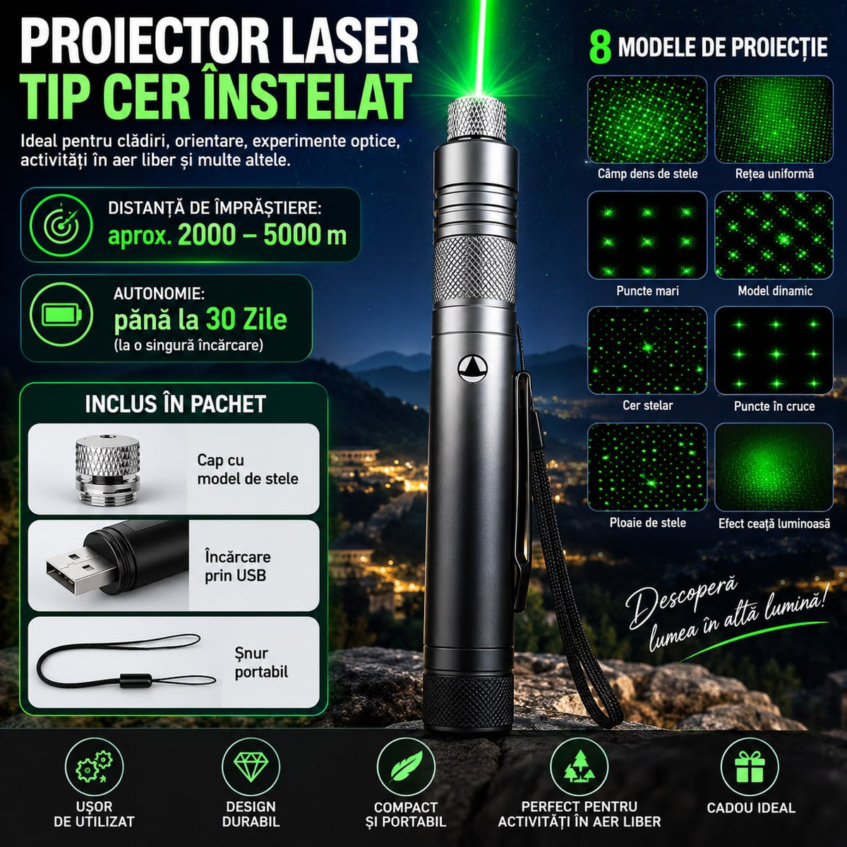 Proiector Laser Cer Înstelat – 8 Efecte, Rază 5000m