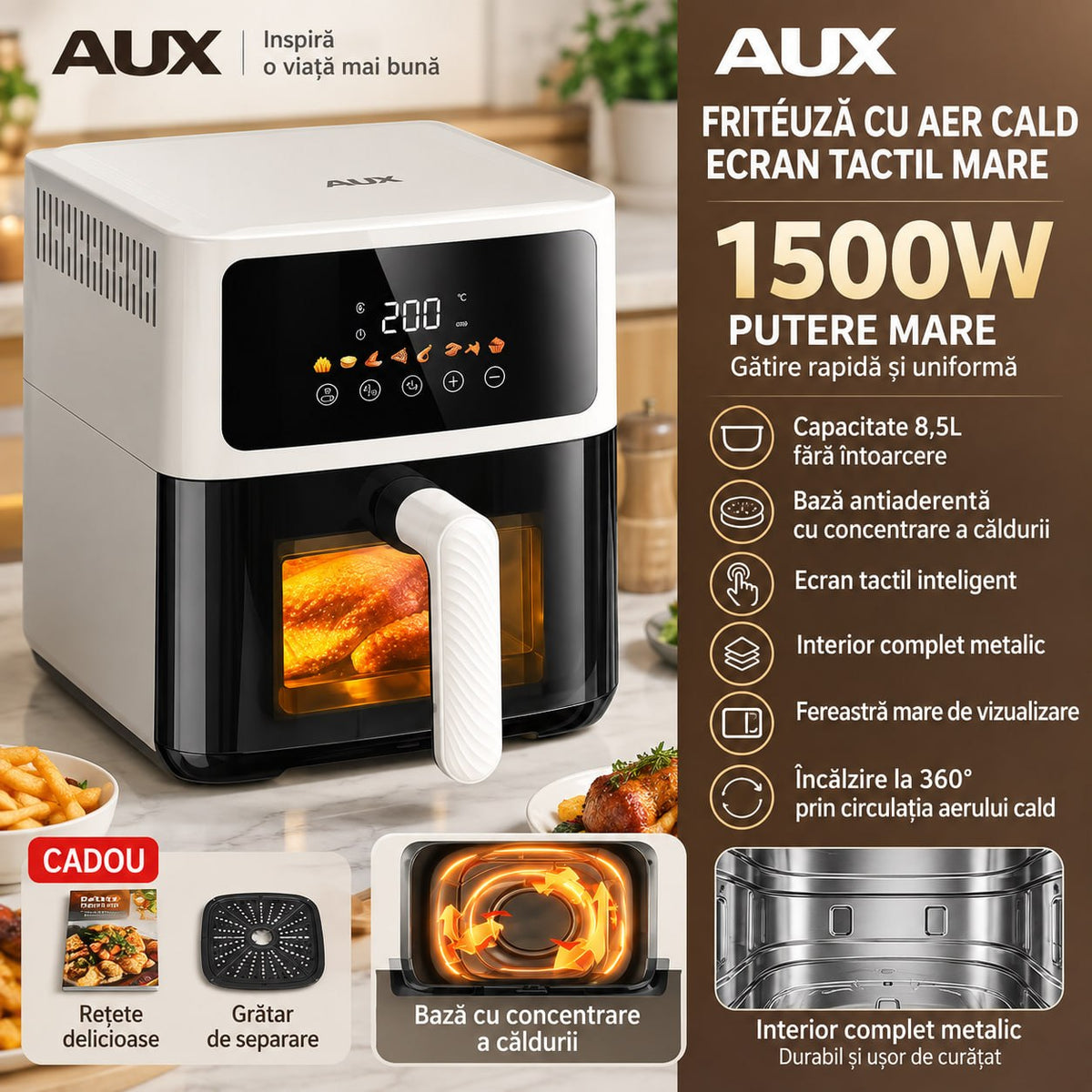 Friteuză cu Aer Cald AUX 8.5L – Ecran Tactil 1500W
