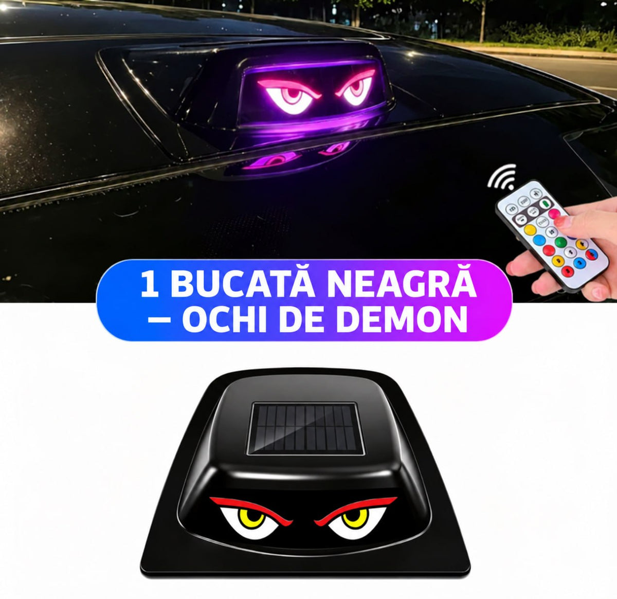 Ochi de Demon LED Solar pentru Mașină – Negru