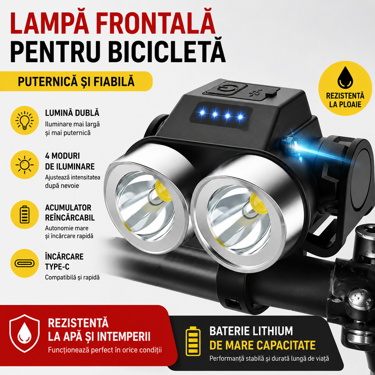 Far Dublu LED pentru Bicicletă – Lumină Puternică, USB-C