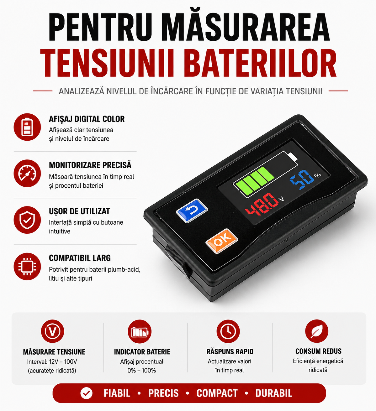 Indicator Digital Baterie – Voltaj și Nivel de Încărcare