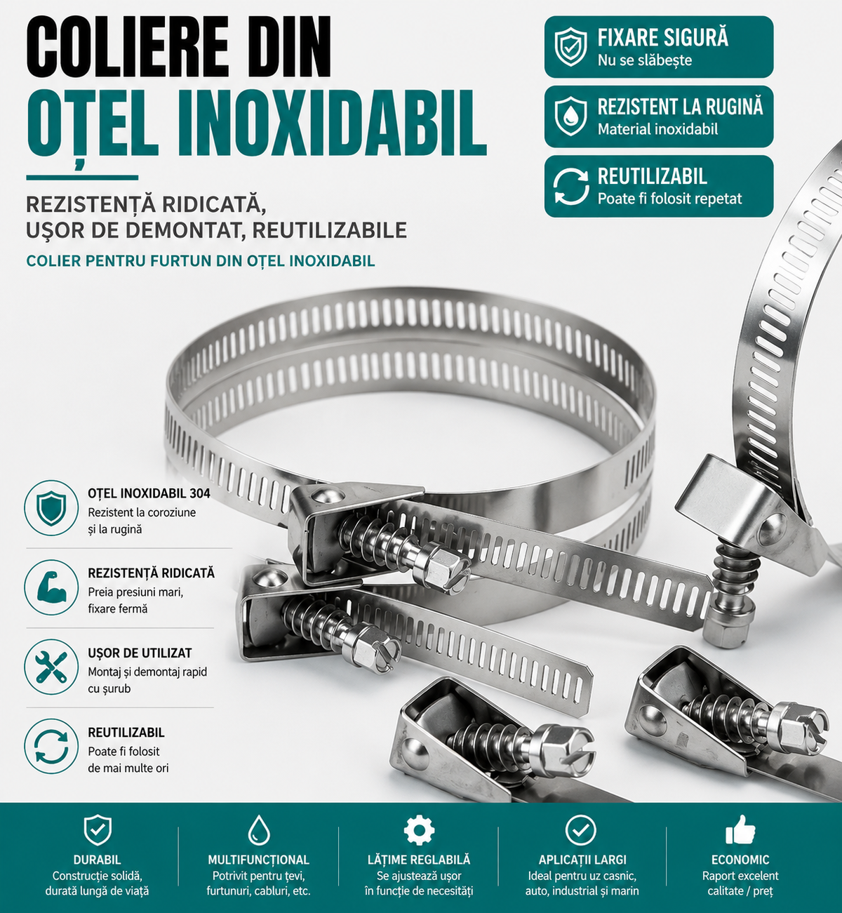 Colier de Strângere Inox – Reglabil și Rezistent la Rugină (set 10 buc)