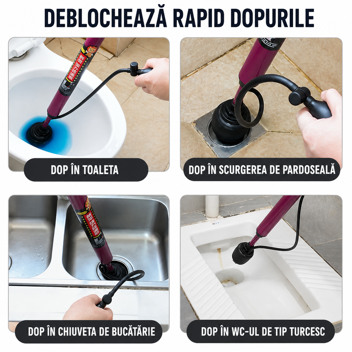 Pompa Manuală de Desfundat Chiuvete, Toalete și Sifoane