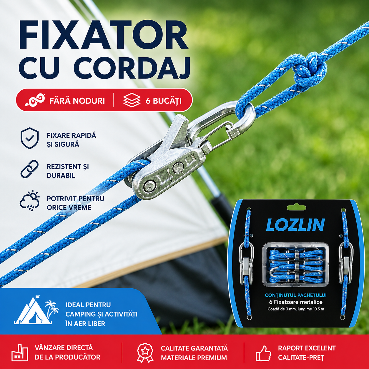 Fixator Rapid pentru Sfori de Cort – Set 6 Bucăți