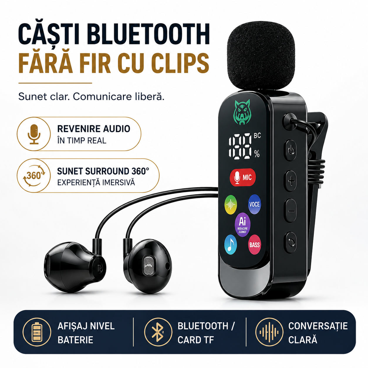 Microfon Lavalieră Wireless cu Căști și Bluetooth