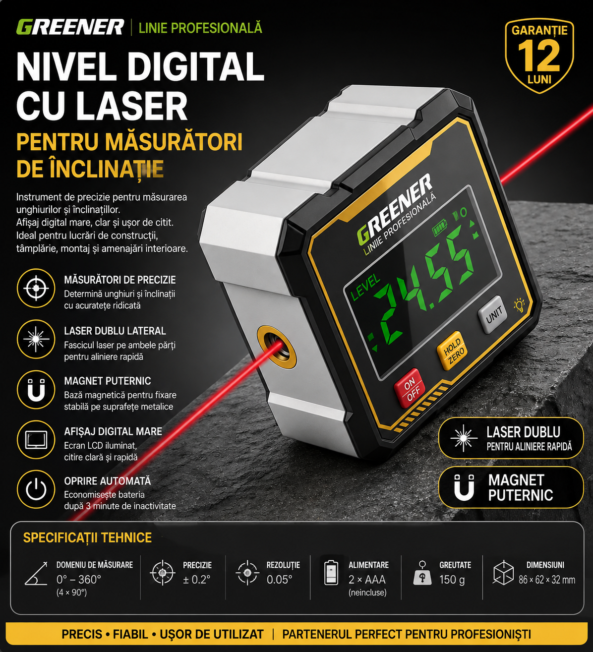 Inclinometru Digital cu Laser Dublu și Display LED