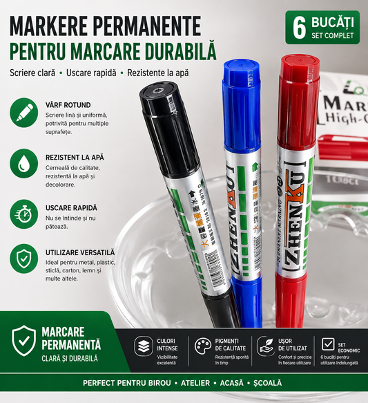 Set Markere Permanente Colorate – Scris Rezistent (6buc)