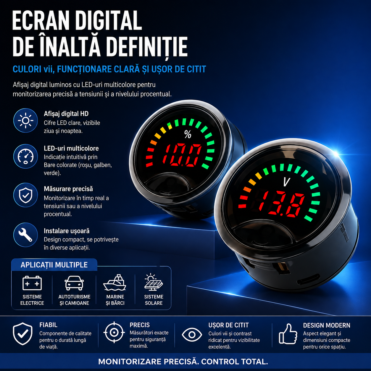 Voltmetru Digital LED cu Indicator Baterie pentru Mașină