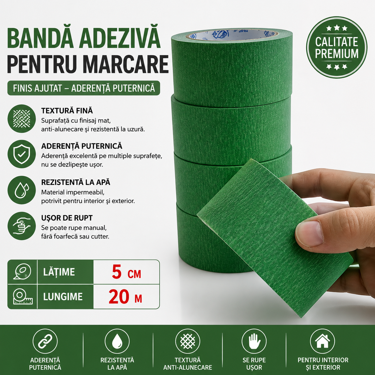 Bandă Masking Tape Verde Lată – 5cm x 20m