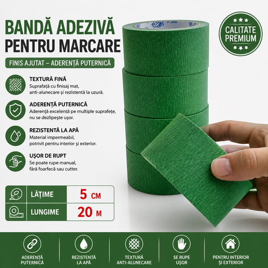 Bandă Masking Tape Verde Lată – 5cm x 20m