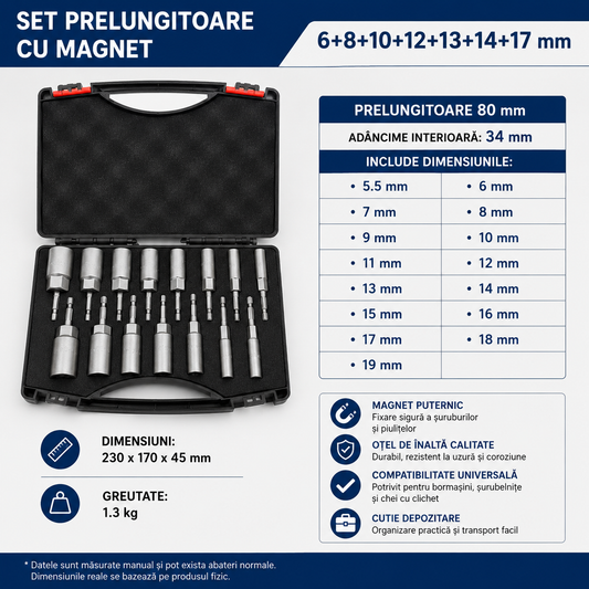 DeepSocket™ – Set Tubulare Adanci 13 Piese pentru Bormasina si Surubelnita Electrica