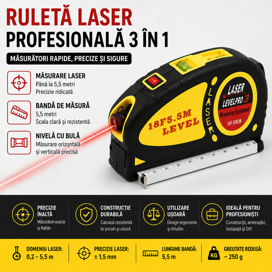 Ruletă cu Laser și Bula de Nivel – 3 în 1