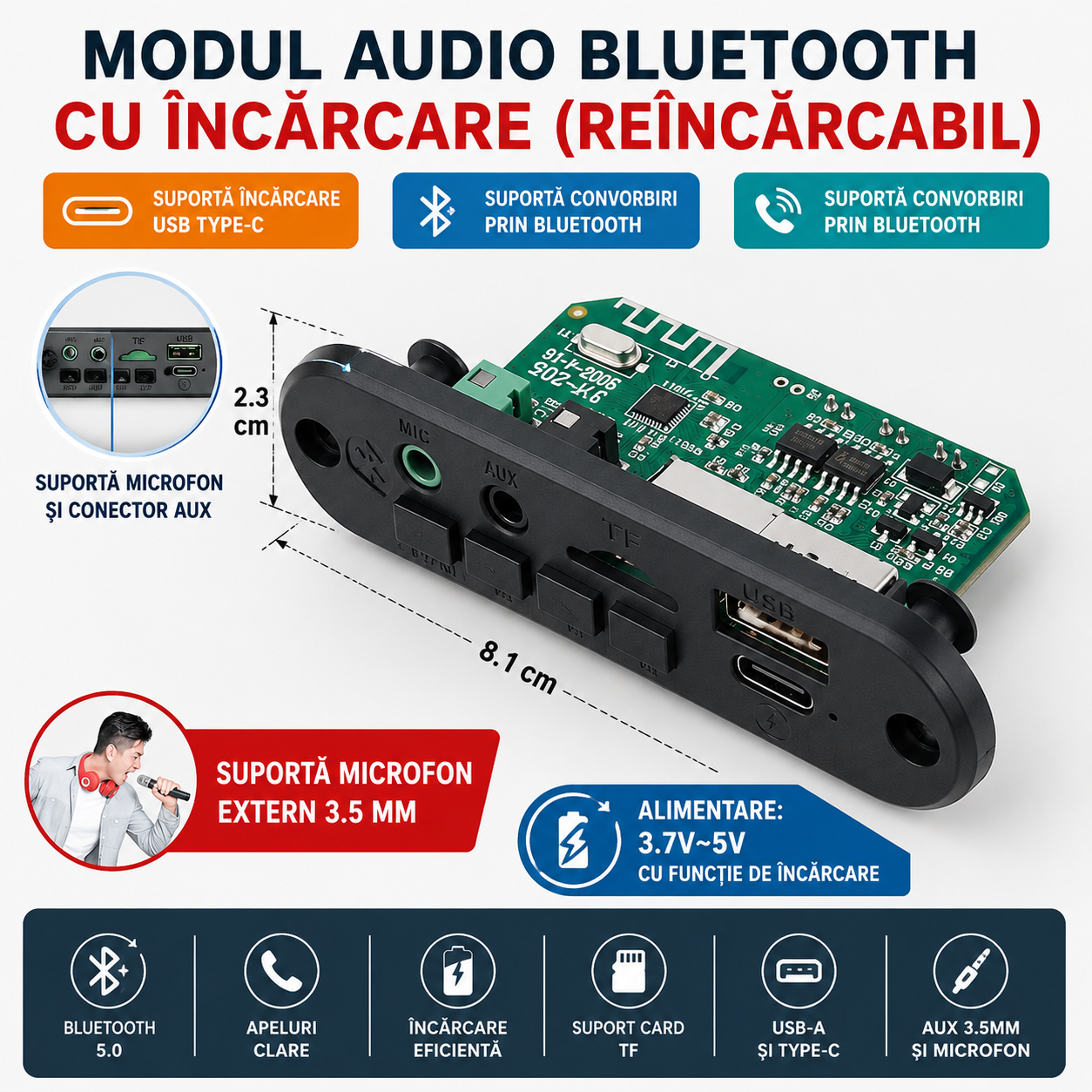 Modul Bluetooth cu Amplificator și Încărcare USB-C