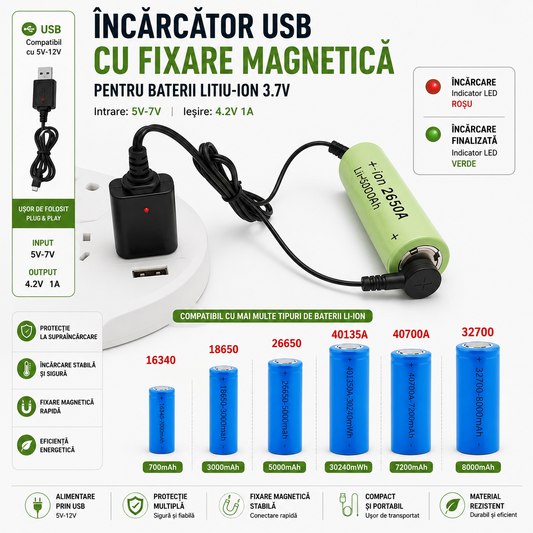 Încărcător Magnetic USB pentru Acumulatori Li-ion