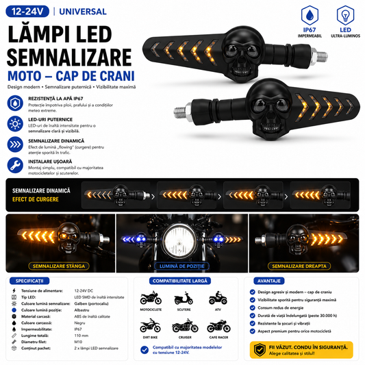 Semnalizatoare Moto LED Craniu – Efect Flowing Light