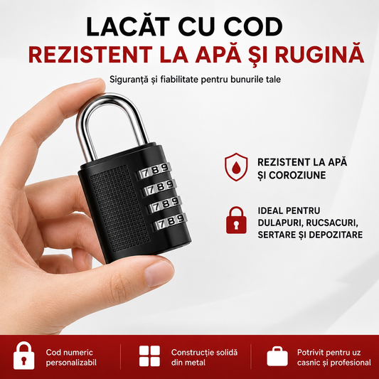 Lacăt cu Cifru 4 Cifre – Metalic, Rezistent la Apă și Rugină