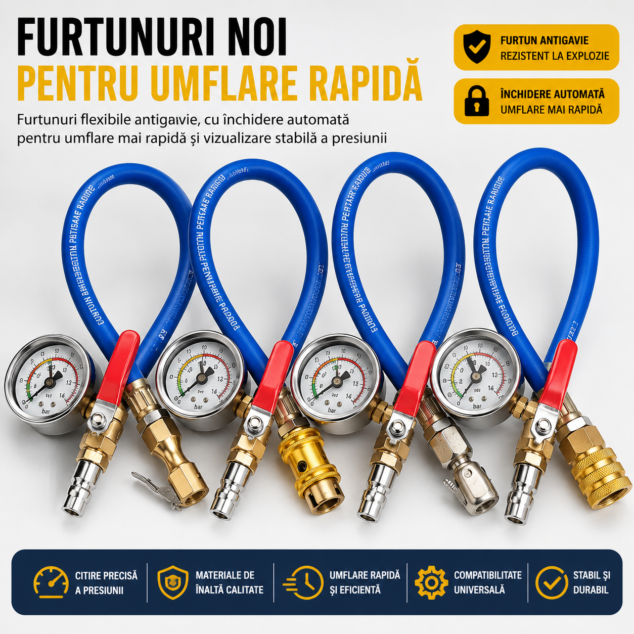 Furtun de Umflat Anvelope cu Manometru – Conectare Rapidă
