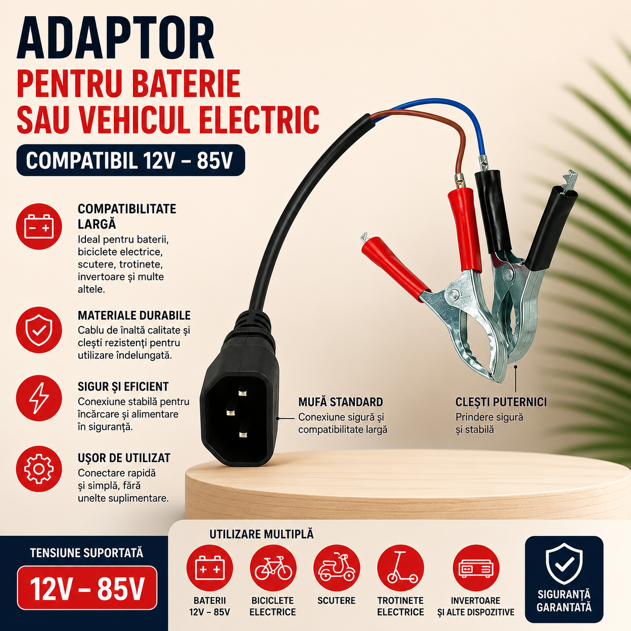 Cablu Adaptor Baterie Auto/Moto cu Clești și Priză IEC 12-85V