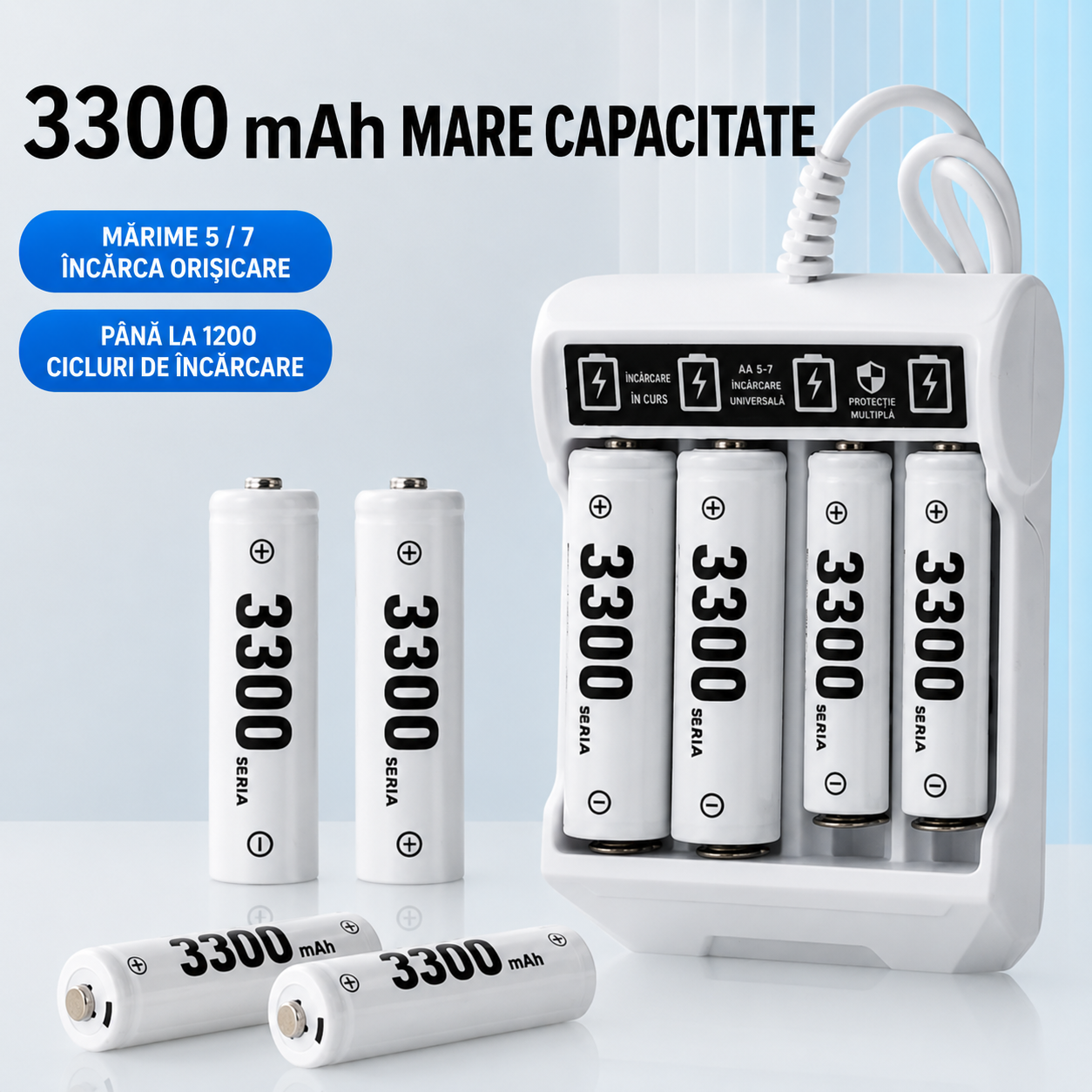 Acumulatori Reincarcabili AA/AAA 3300mAh cu Incarcator Inteligent