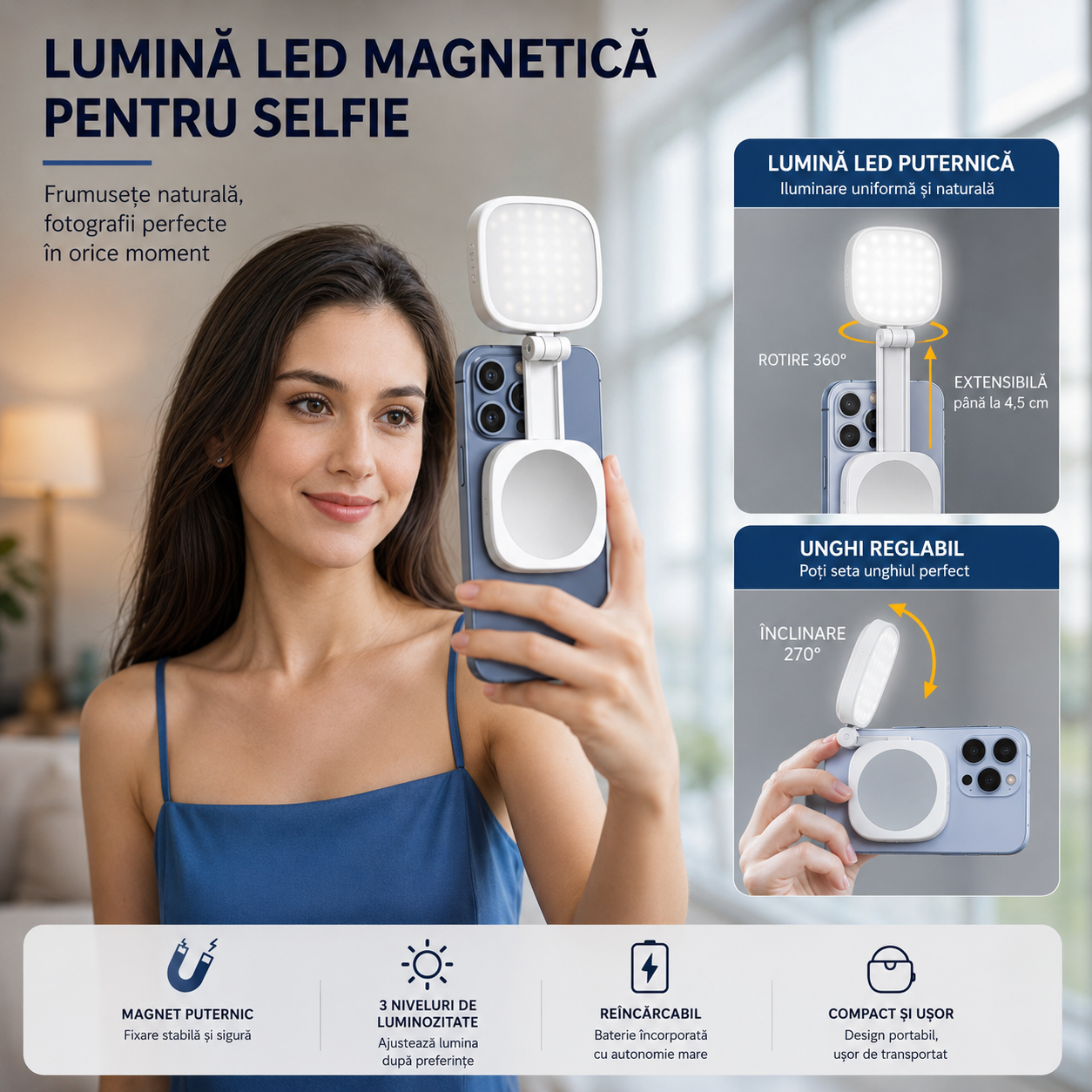 GlowSnap™ – Lampa LED Magnetica pentru Selfie, Vlogging si Videocall