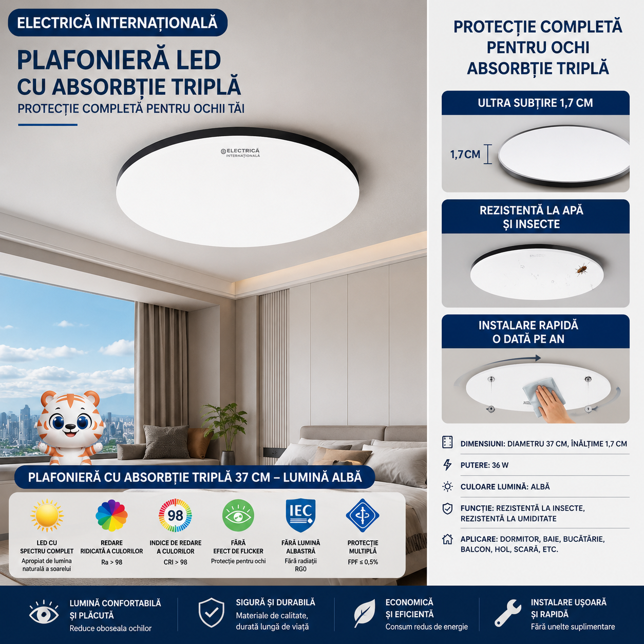LumiShield™ – Plafoniera LED UltraSlim 36W cu Protectie Anti-Insecte si Anti-Umiditate