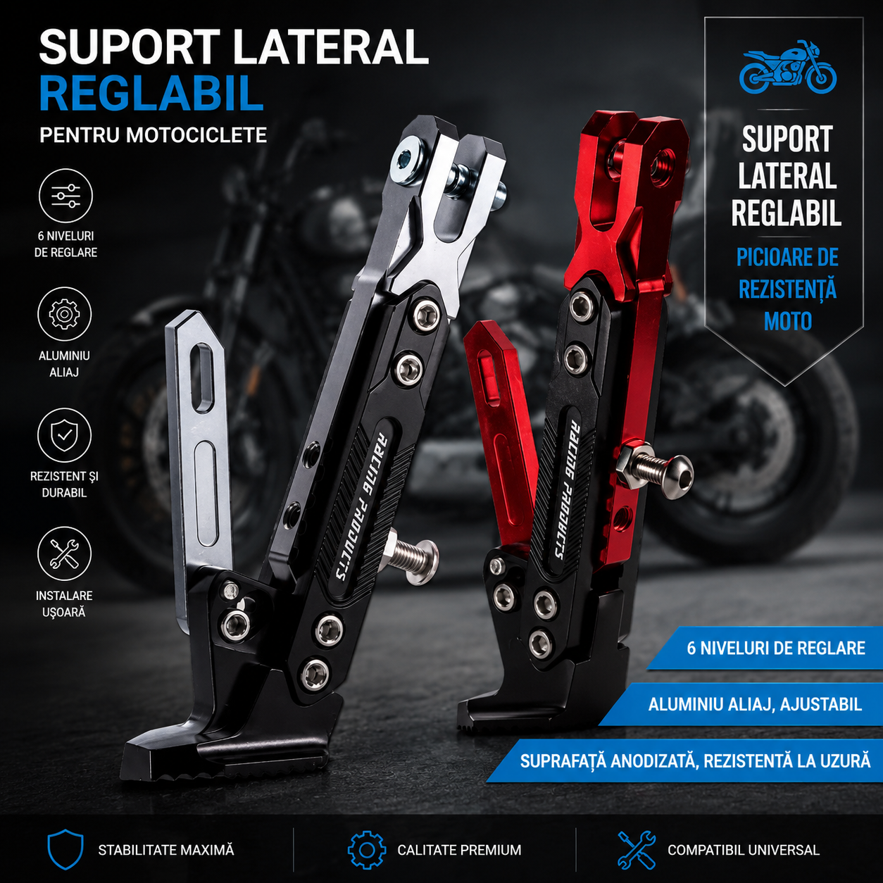 MotoStand Pro™ – Cric Lateral Reglabil pentru Motociclete si Scutere