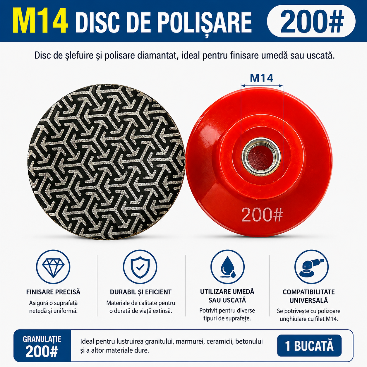DiamondCut 200™ – Disc Diamantat Profesional de Slefuire si Finisare M14 (Granulatie 200)