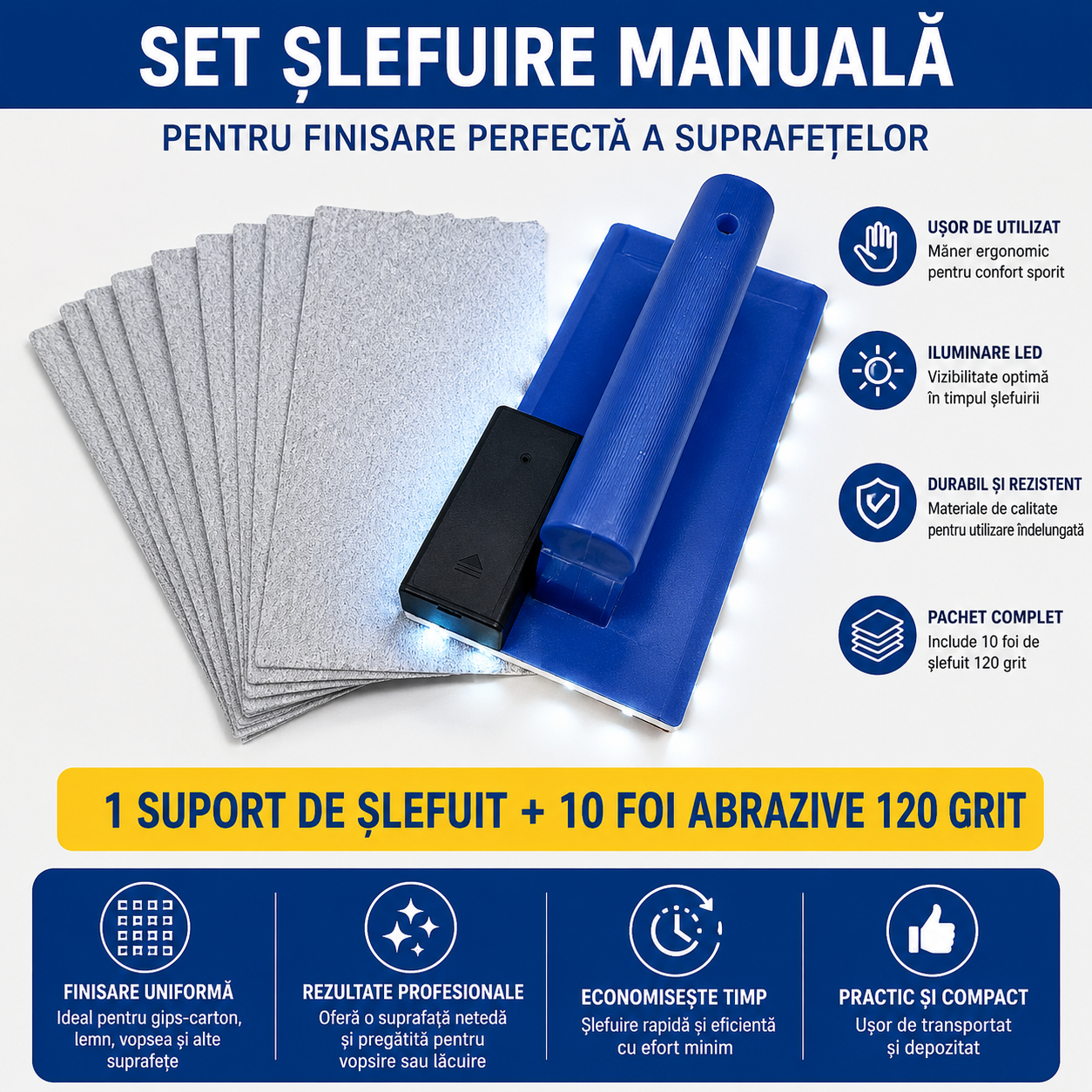 SandLight Pro™ – Set Profesional de Slefuire Manuala cu Iluminare LED si 10 Foi Abrazive P120