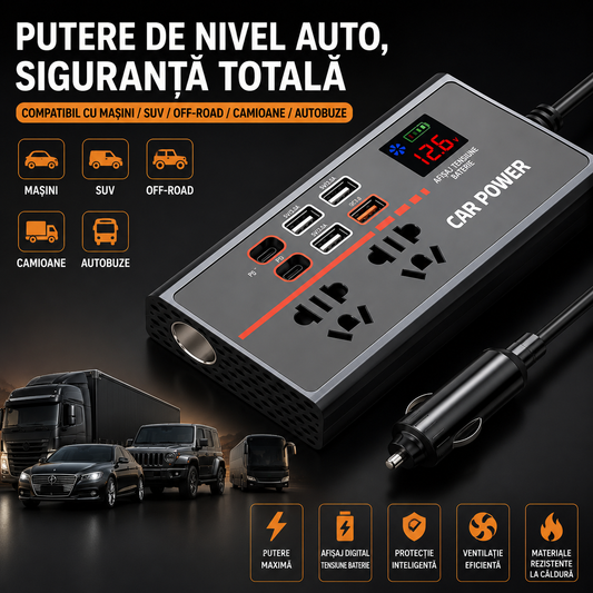 VoltDrive™ – Invertor Auto Inteligent 12V-220V cu Fast Charging si Display Digital